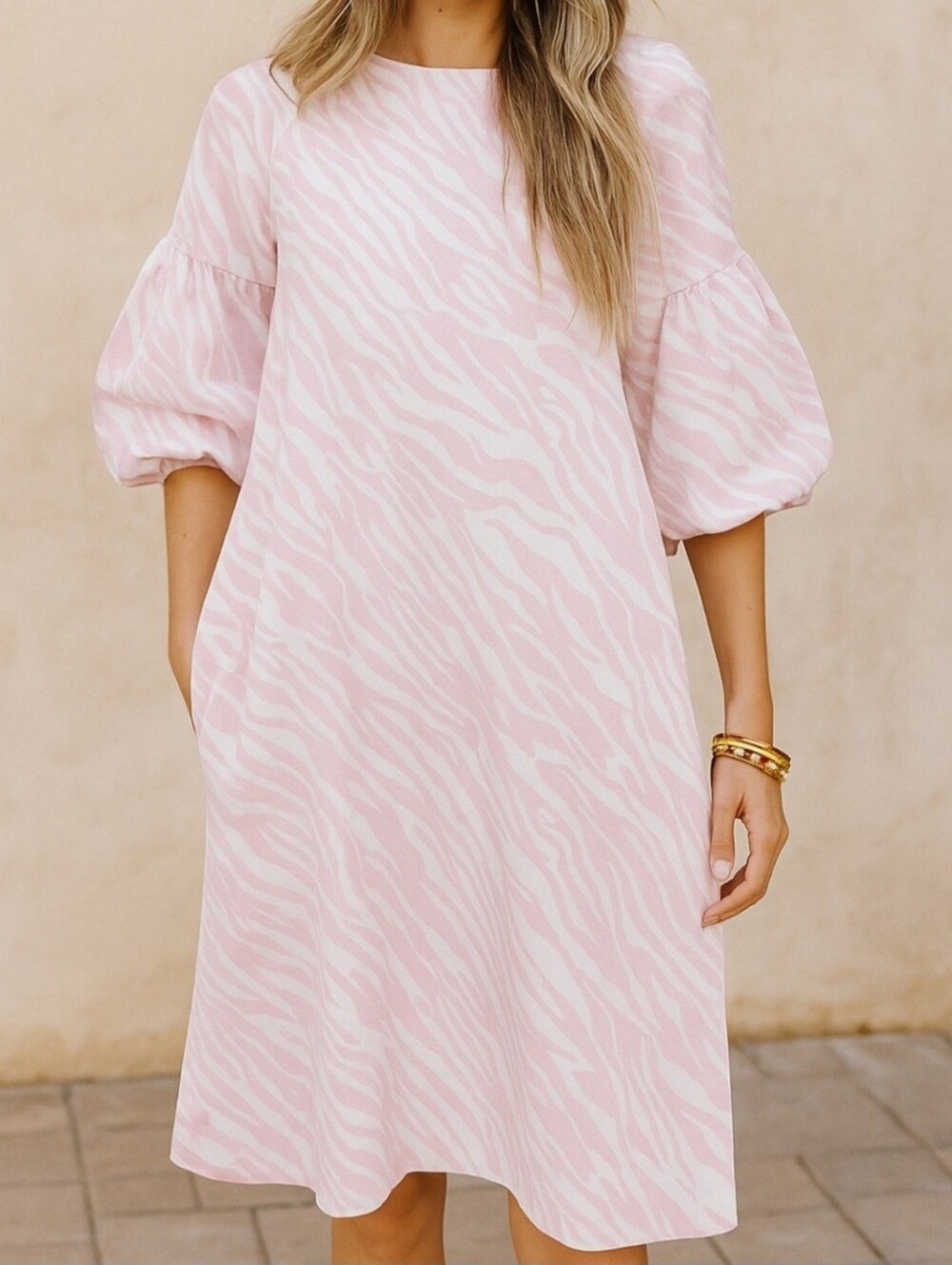 Chico's Midi Dress Balloon Sleeve Zebra Lavender Blush